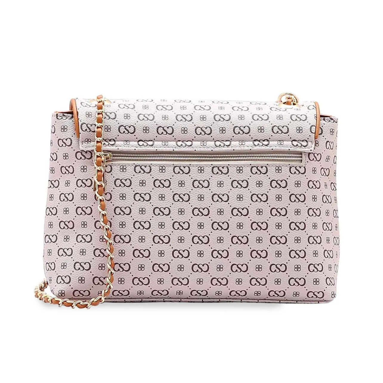 Parte traseira da bolsa Chenson Elegance Luxo bege com zíper e acabamento em PU.